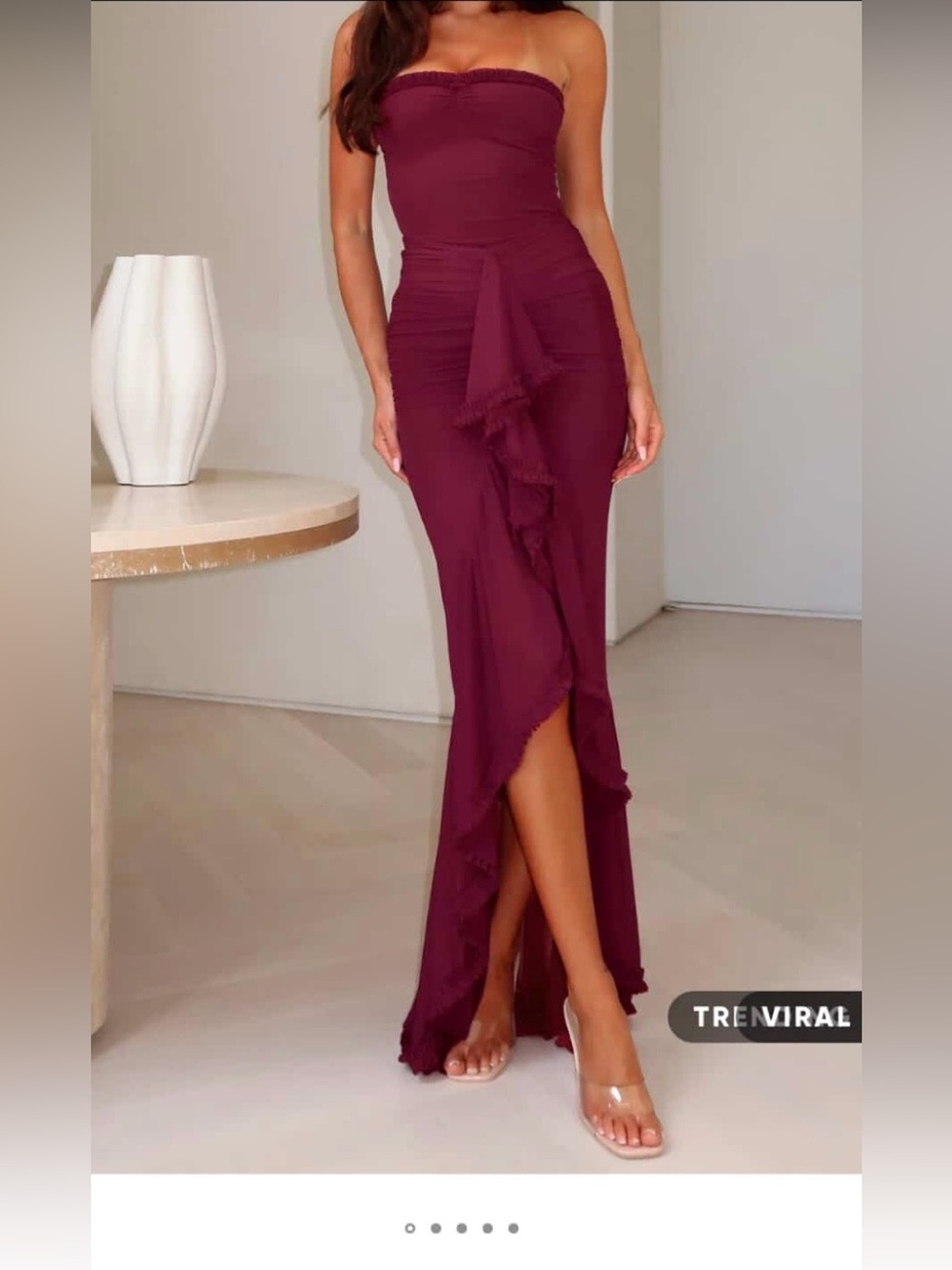 White Fox Boutique Strapless Burgundy Ruffle Maxi Skirt